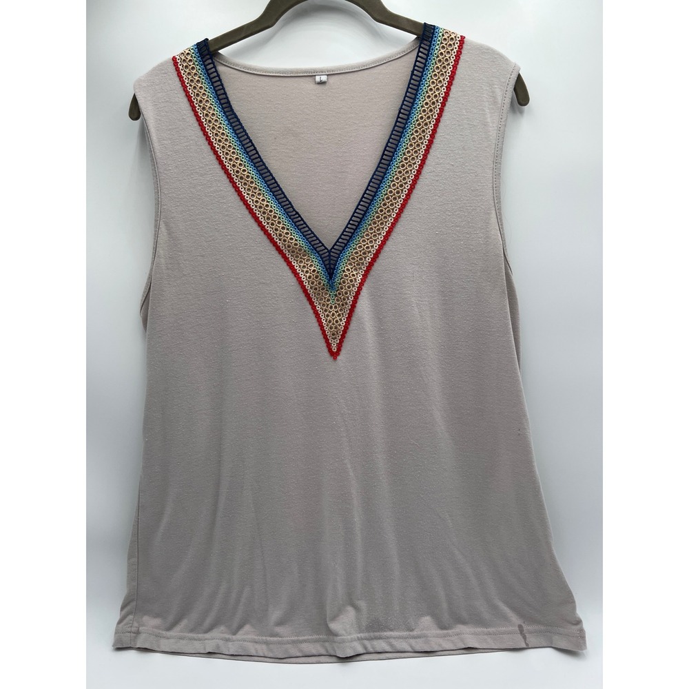 Sleeveless Tank Top V Neck Multicolor Trim‎ Casual Everyday Comfort L